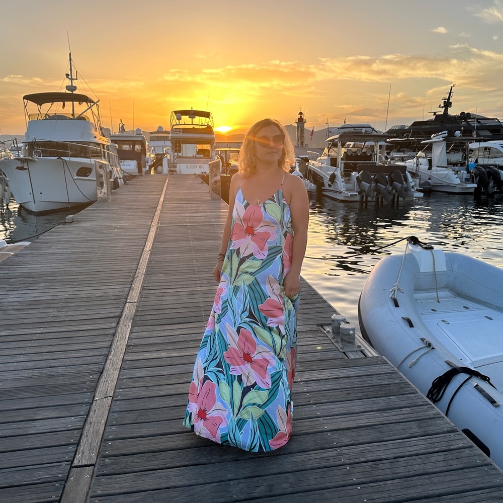 Nicole Miller Floral/ Tropical Design Satin Effect Summer Maxi Dress